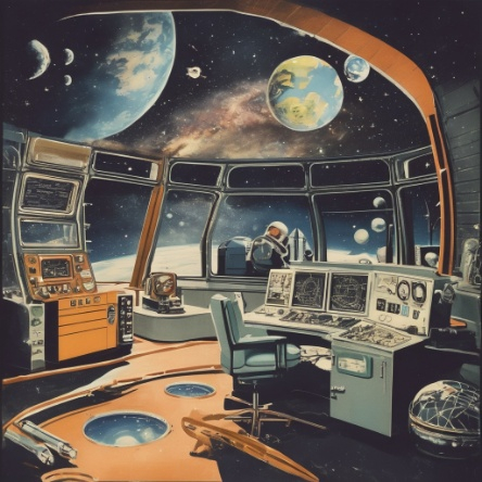 Futuristic space control room with planets view