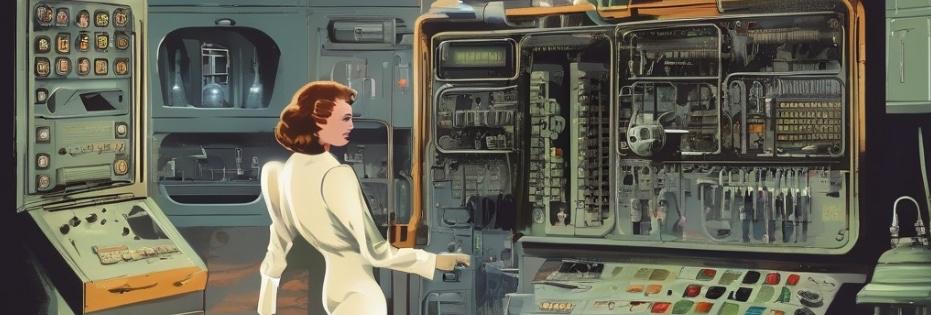 Woman in lab coat with complex computing machinery